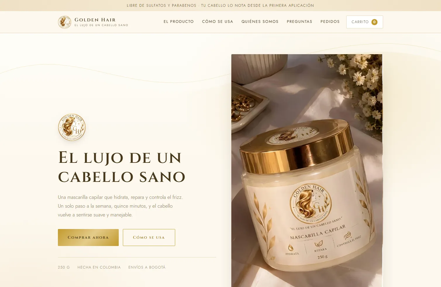Inicio del sitio de Golden Hair, con el frasco de mascarilla capilar